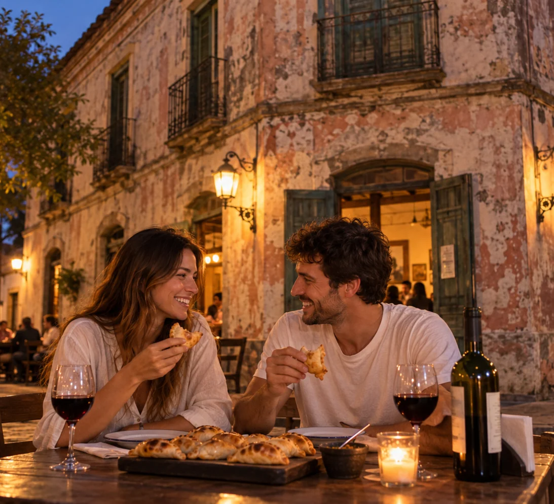 Pareja compartiendo empanadas y vino durante un paseo por San Antonio de Areco