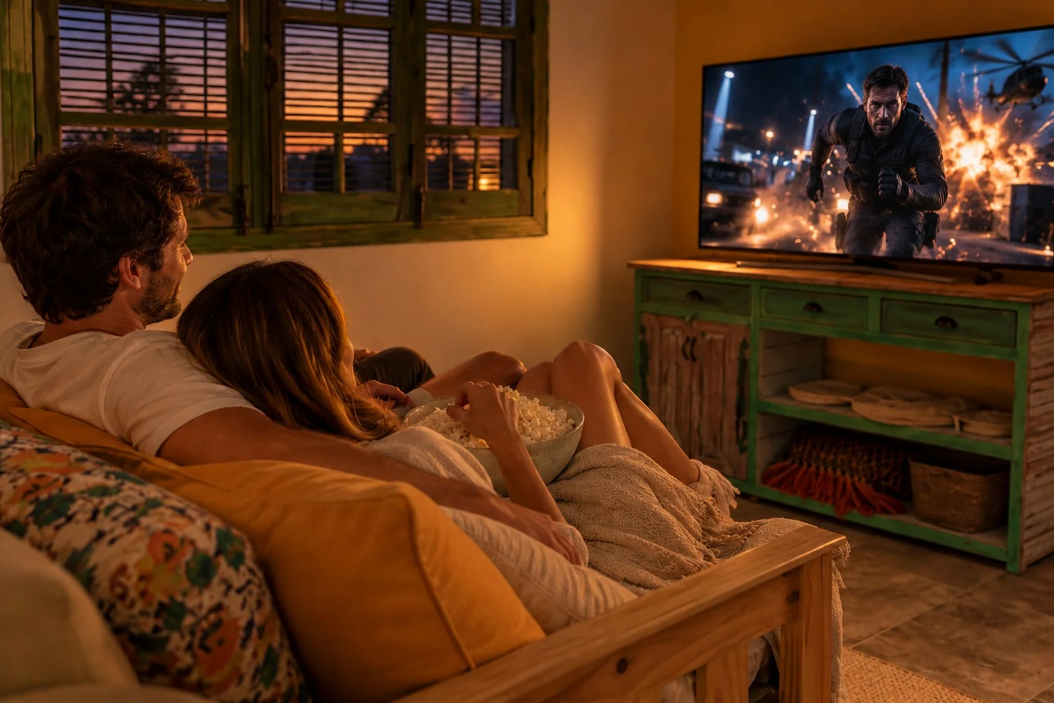 Living de la cabaña con TV de 50 pulgadas